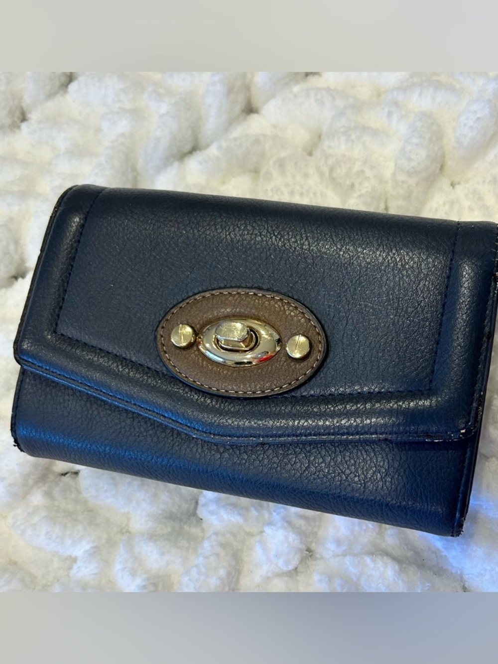 Classic Leather Compact Wallet - Navy with Brown Trim